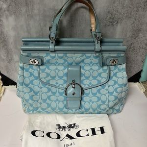Coach Large Blue Logo Tote. Silver Hardware. Outside pocket.